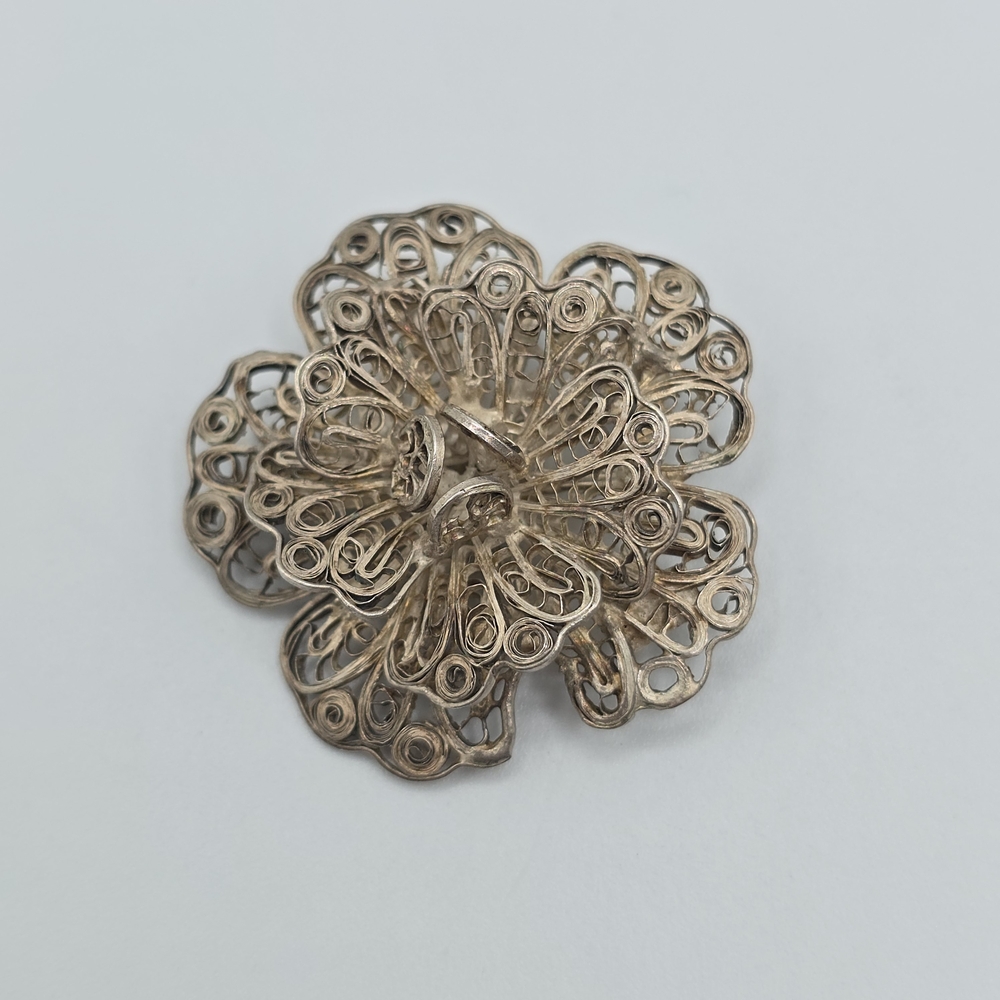 VTG Mexico Silver Filigree Flower Brooch Pin Layered Floral 1.75" REPAIR